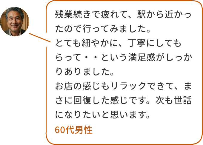 残業続きで疲れて、駅から近かったので行ってみました。とても細やかに、丁寧にしてもらって・・という満足感がしっかりありました。お店の感じもリラックできて、まさに回復した感じです。次も世話になりたいと思います。60代男性